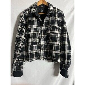 Zara Women's Black/White Plaid Tweed Frayed Long Sleeve Collared Coat Ja…